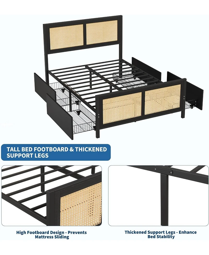 gaomon Rattan Bed Frame with Headboard, Boho Cane Platform King Size Bed Frame with 4 Drawers, Strong Metal Slats Support, Noise Free, No Box Spring