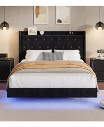 Gaomon Bed Frame With Led Lights Modern Wood Floating Bed Frame With Storage Velvet Upholstered Headboard With Wingback