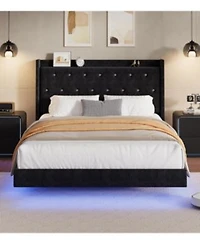 Gaomon Bed Frame With Led Lights Modern Wood Floating Bed Frame With Storage Velvet Upholstered Headboard With Wingback