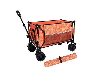 sumyeg Outdoor Storage Collapsible Foldable Wagon Cart with All Terrain Wheels, Drink Holders, Brakes, Side Pocket and Picnic Mat