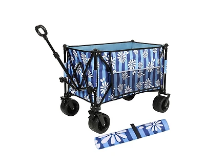 sumyeg Outdoor Storage Collapsible Foldable Wagon Cart with All Terrain Wheels, Drink Holders, Brakes, Side Pocket and Picnic Mat