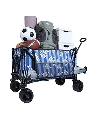 sumyeg Outdoor Storage Collapsible Foldable Wagon Cart with All Terrain Wheels, Drink Holders, Brakes, Side Pocket and Picnic Mat
