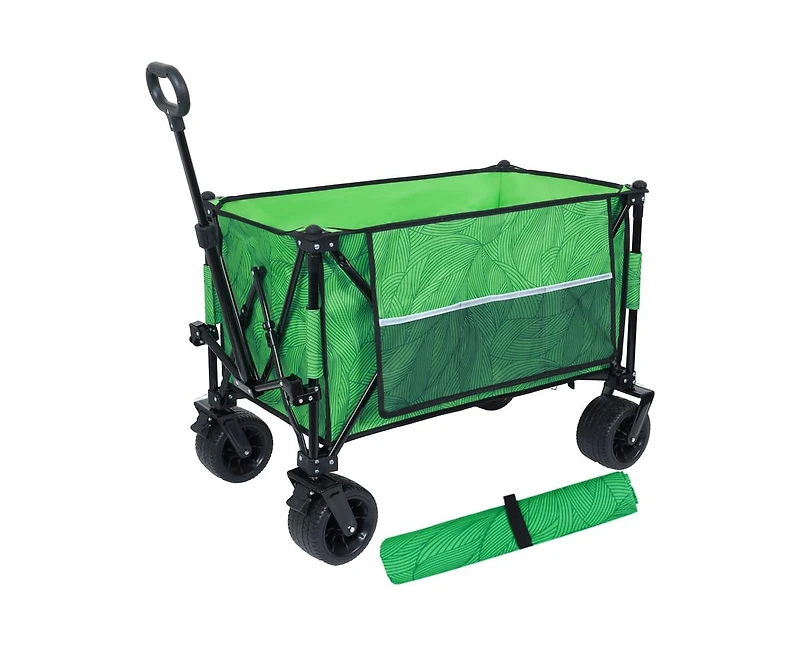 sumyeg Outdoor Storage Collapsible Foldable Wagon Cart with All Terrain Wheels, Drink Holders, Brakes, Side Pocket and Picnic Mat