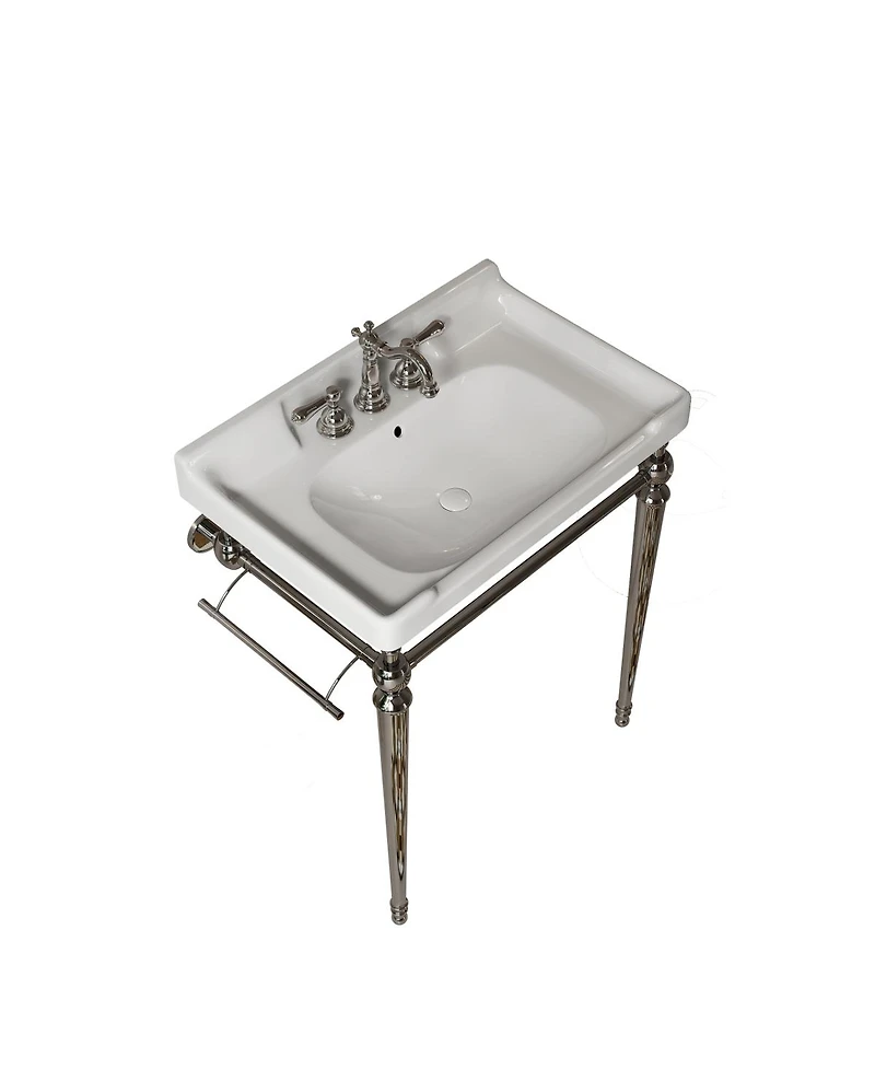 Sillysis 28" Bathroom Console Sink with White Ceramic Vanity, Wall Mounted Basin & Stainless Steel Legs, Towel Bar Included
