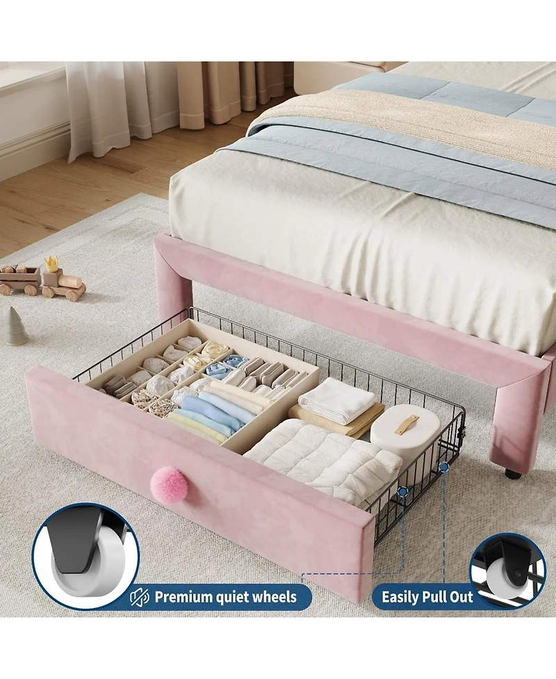 gaomon Upholstered Twin Bed Frame with Storage Drawer & Scallop Headboard, Princess Platform Frames