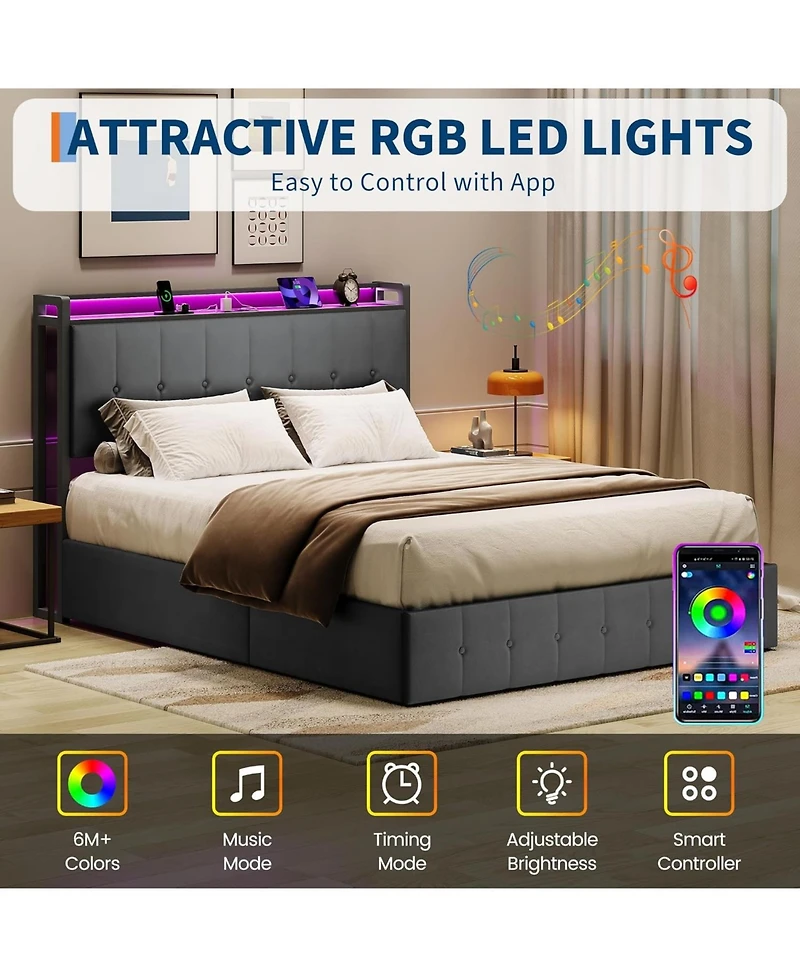 gaomon Bed Frame with Lift Up Storage, Upholstered Velvet Led Lights & Power Outlets, Hydraulic Support