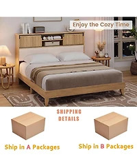 gaomon Rattan King Bed Frame with Headboard & Storage Shelves, Boho Rattan Bed Frame King Size, Solid Wooden Bed Foundation with Sliding Door Shelf