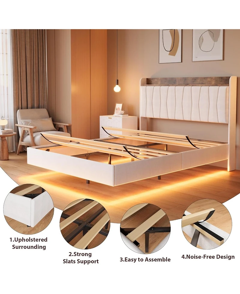 gaomon Floating Bed Frame with Led Lights & Charging Station Upholstered Platform Storage Headboard Wood Slats Support Easy to Assemble