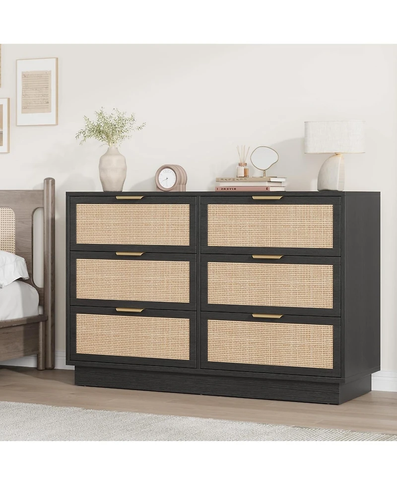 gaomon 6 Drawer Rattan Dresser for Bedroom, Integrated Cabinet Body & Legs Design, Wooden Chest of Drawers for Hallways, Entryways and Closet