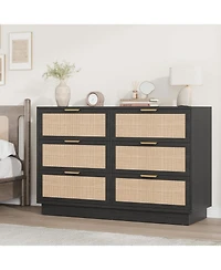 gaomon 6 Drawer Rattan Dresser for Bedroom, Integrated Cabinet Body & Legs Design, Wooden Chest of Drawers for Hallways, Entryways and Closet