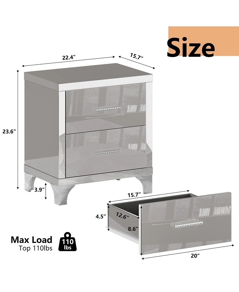 Rainsken High Gloss Mirrored Nightstand, Modern Wood End Table with 2 Drawers and Metal Handle, Bedside End Table for Bedroom