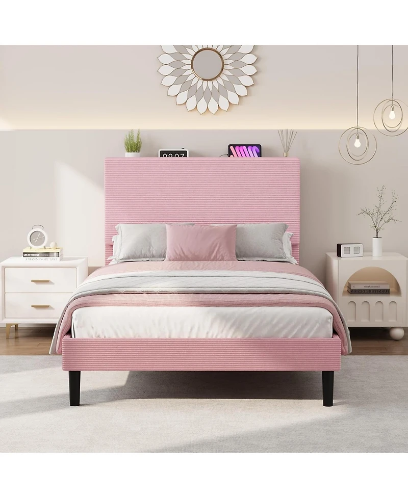 gaomon Bed Frame with Charging Station, Corduroy Upholstered Platform Headboard and Storage Shelf, Solid Wood Slats