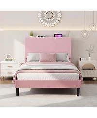 gaomon Bed Frame with Charging Station, Corduroy Upholstered Platform Headboard and Storage Shelf, Solid Wood Slats