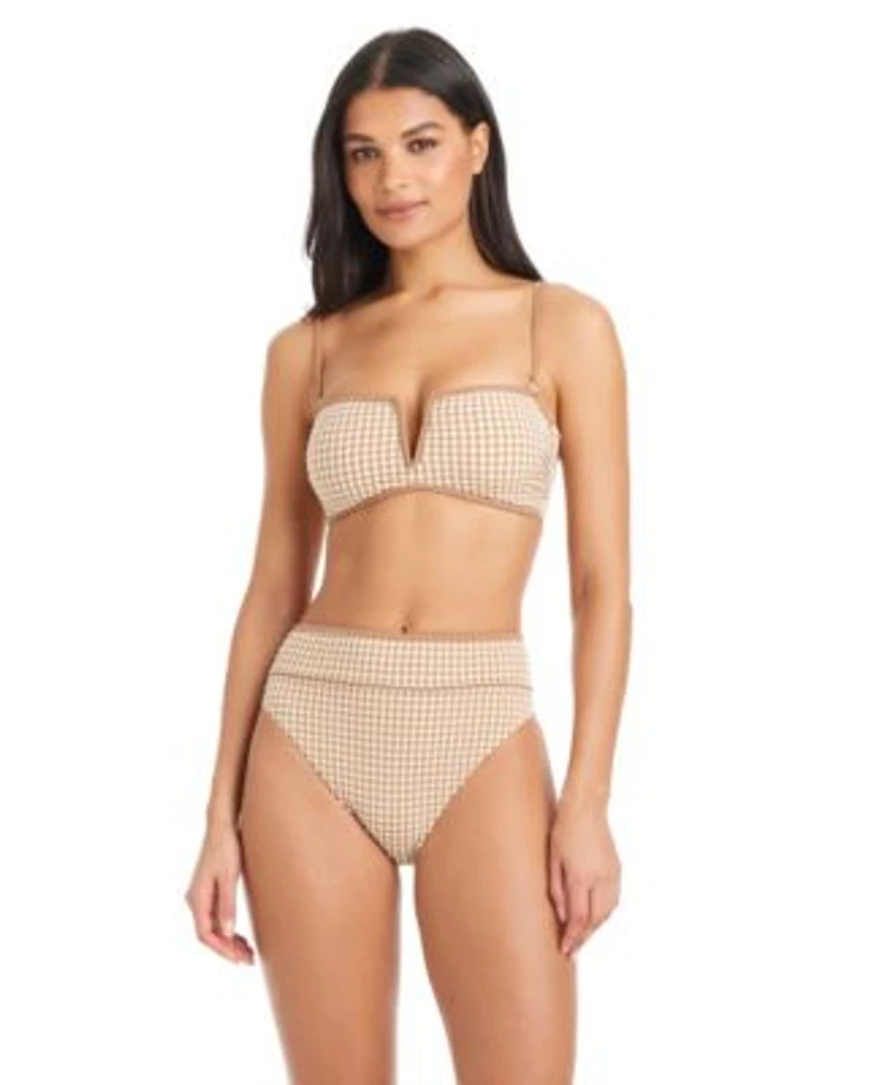 Sanctuary Womens Check Me Out Bandeau Neck Bikini Top High Waist Swim Bottoms