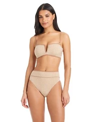 Sanctuary Womens Check Me Out Bandeau Neck Bikini Top High Waist Swim Bottoms