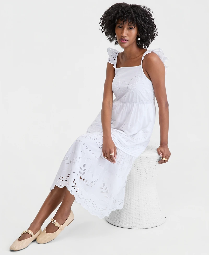 On 34th Women's Cotton Poplin Eyelet Pintucked Midi Dress, Macy's Exclusive