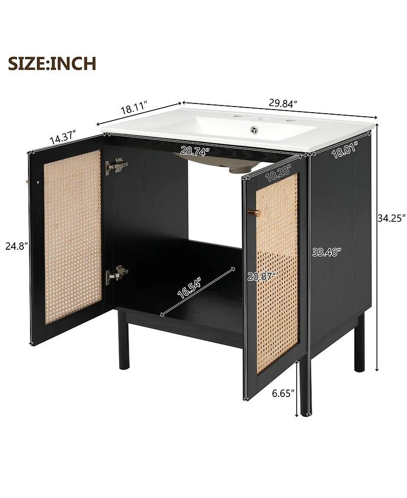 Sillysis Modern Bathroom Vanity with Ceramic Sink, Bamboo & Mdf, Soft Close Rattan Doors, Freestanding Storage Cabinet for Small Spaces