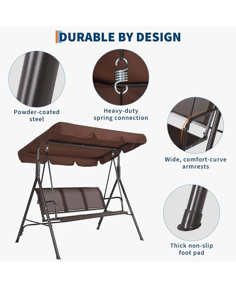 gaomon Porch Swing with Adjustable Canopy for Adults 3-Seat Outdoor Waterproof Textilene & Steel Frame Patio Swing Bench for Backyard Garden