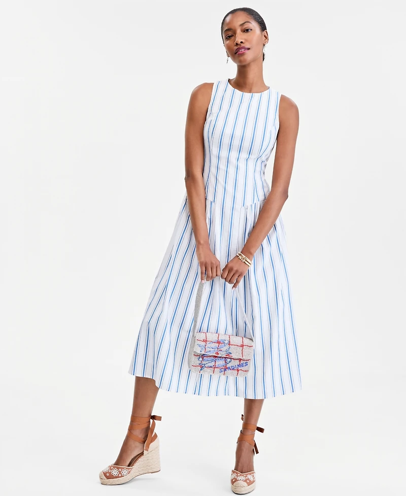 On 34th Women's Cotton Bayside Stripe Drop-Waist Midi Dress, Macy's Exclusive