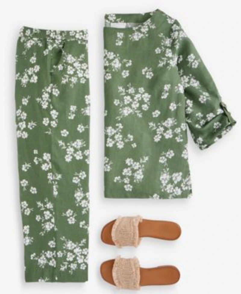 Charter Club Womens 100 Linen Roll Tab Top Cropped Pull On Pants Macys Exclusive