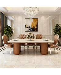 Tribesigns 78.74" Travertine Slab Dining Table for 8-10, Travertine Slab Tabletop & Semi-Circular Stripe Base