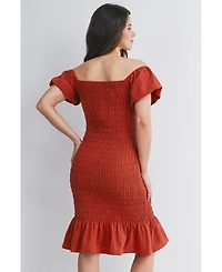 Hello Miz Maternity Off-the-Shoulder Smocked Bodycon Midi Dress with Ruffle Hem
