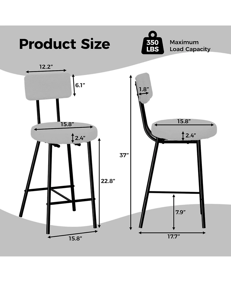 gaomon Bar Stool Chairs Set of 2, Modern Upholstered Counter Height Barstools with Round Seat, Armless Bar Chair with Back, Footrest and Metal Legs