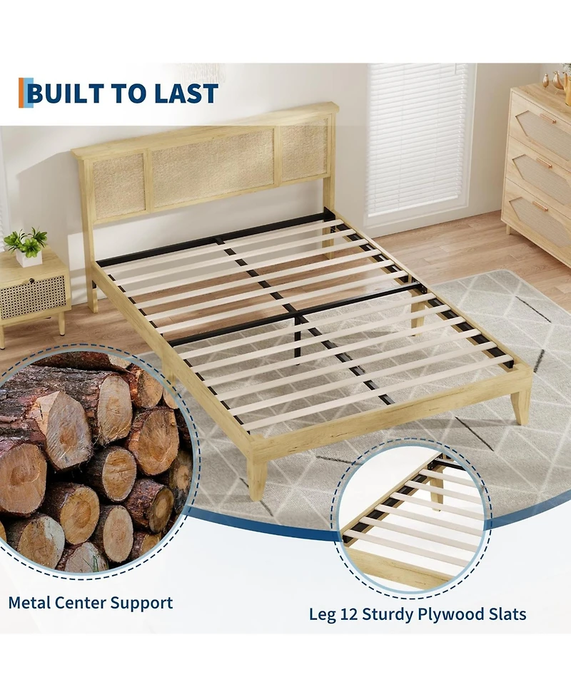 gaomon Bed Frame with Rattan Headboard, Sturdy Metal Base, Boho-Style Cane Support, No Box Spring Required, Wood Metal Platform Beds