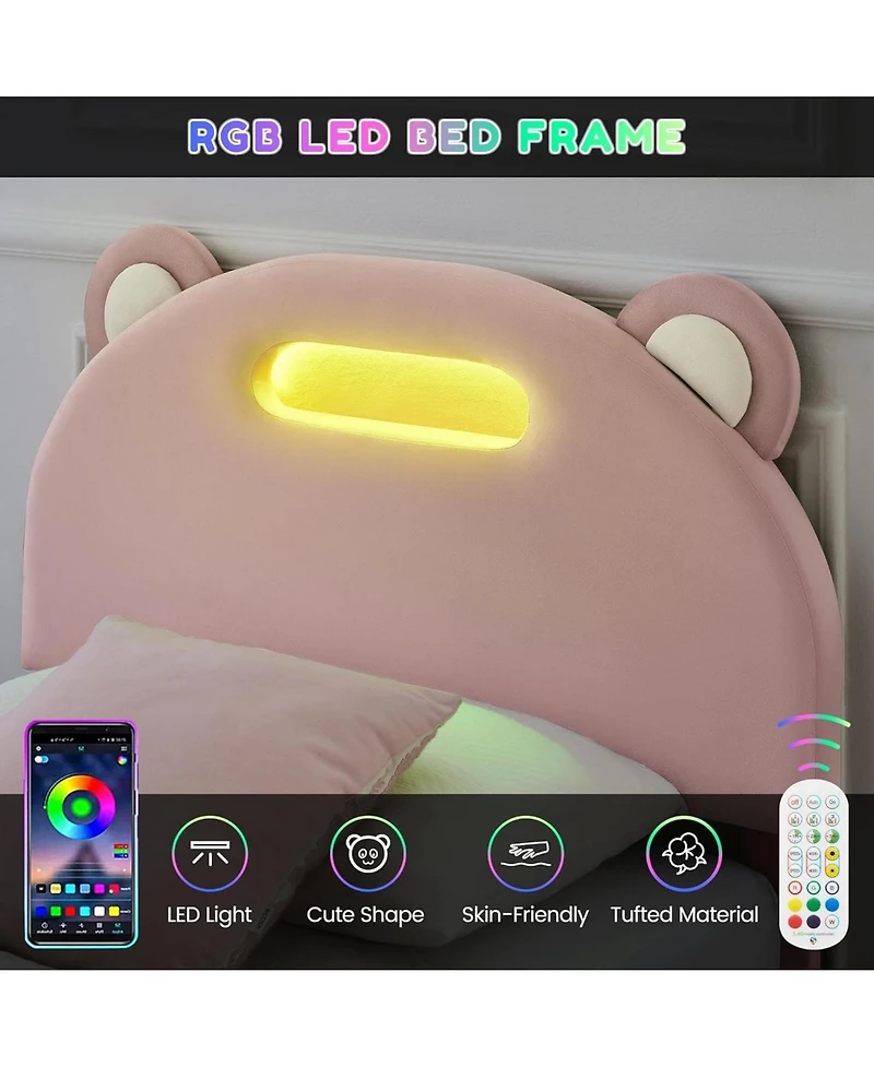 Gaomon Bed Frame with Led Lights, Upholstered Platform Bed with Headboard & Wooden Slats Support, Noise-Free, No Box Spring Needed