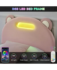 Gaomon Bed Frame with Led Lights, Upholstered Platform Bed with Headboard & Wooden Slats Support, Noise-Free, No Box Spring Needed