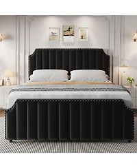 gaomon Velvet Bed Frame, Vertical Channel Tufted Tall Headboard and Footboard with Nailhead Trim, Upholstered Platform Bed