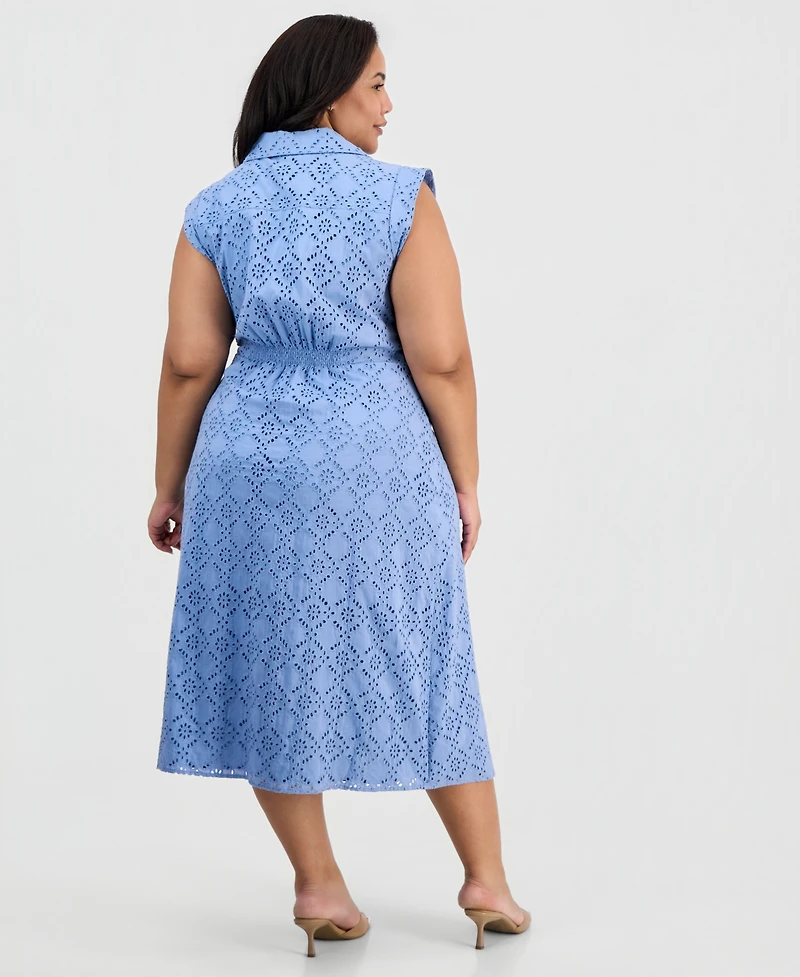 Anne Klein Plus Eyelet-Embroidered Sleeveless Shirtdress