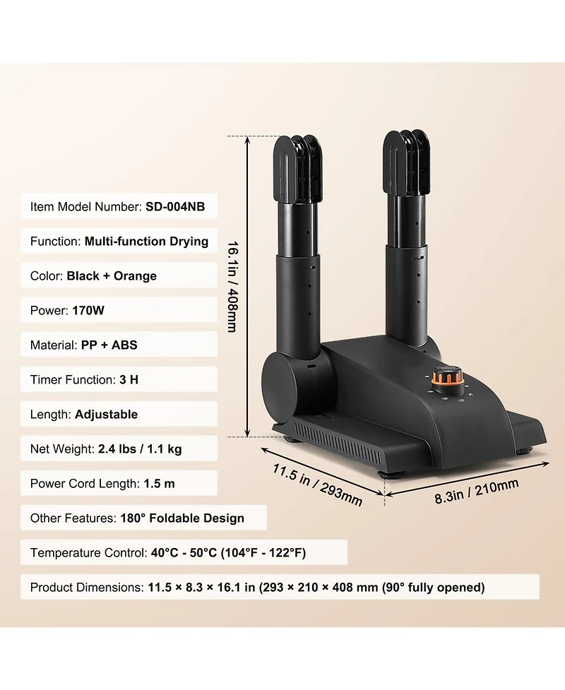 Ecooso 180° Foldable 2-Tube Shoe Dryer with Timer, Portable Boot Dryer with Heat Blower, V0 Flame-Retardant Pp