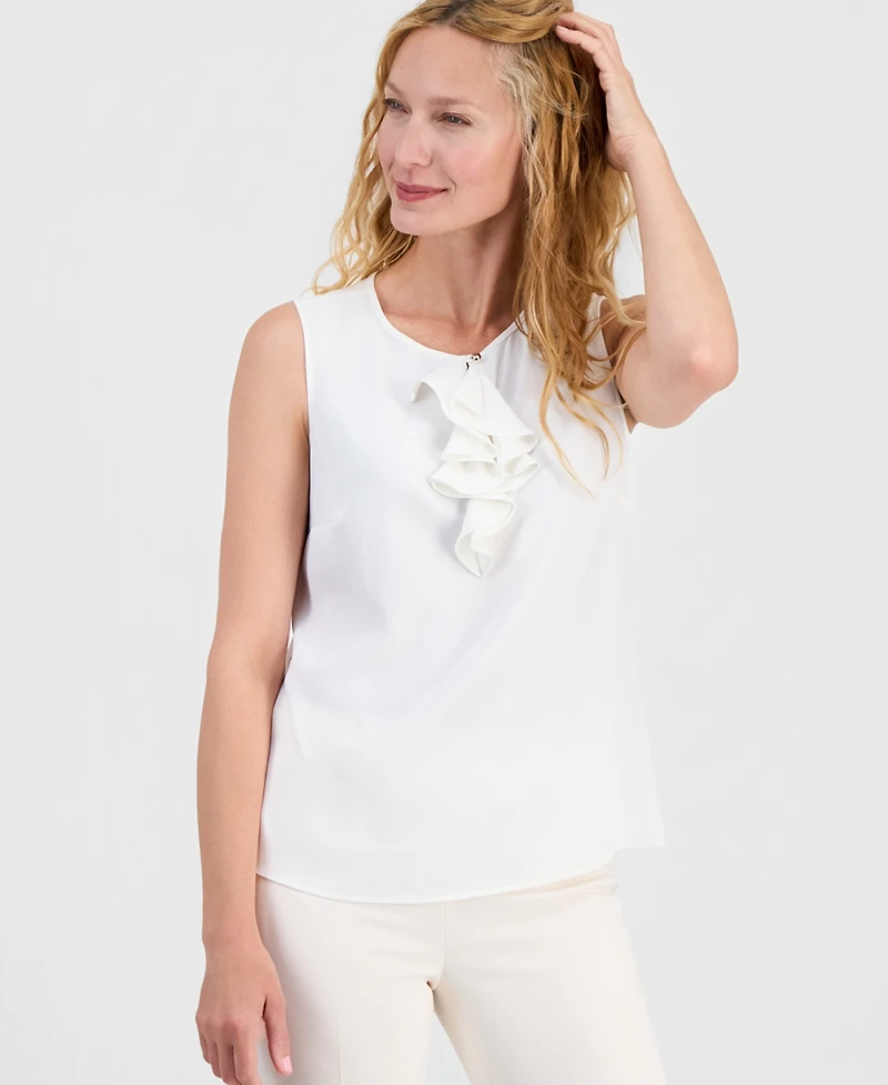 Kasper Women's Ruffle Front Sleeveless Jewel Neck Blouse
