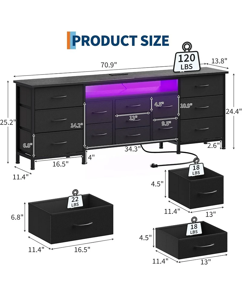 gaomon 70 Inch Long Dresser with 13 Drawers, Tv Stand for 65-80 Charging Station & Led Lights