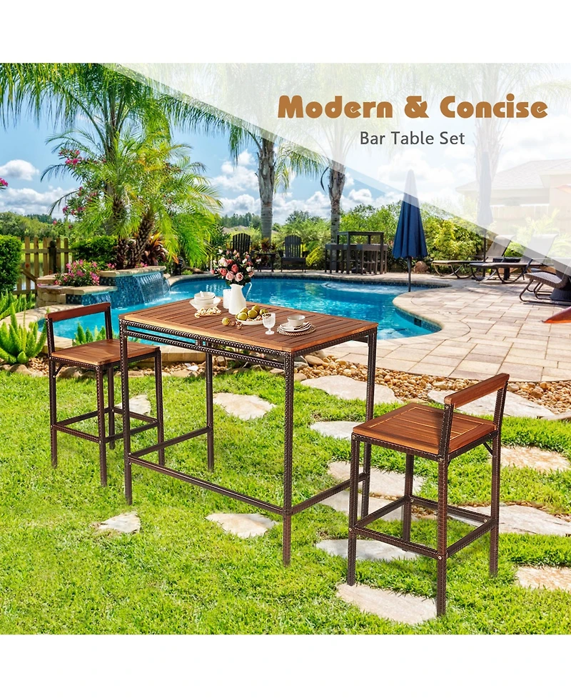 Gymax 3PCS Patio Bar Set Dining Set Outdoor Furniture Set w/ Wooden Tabletop