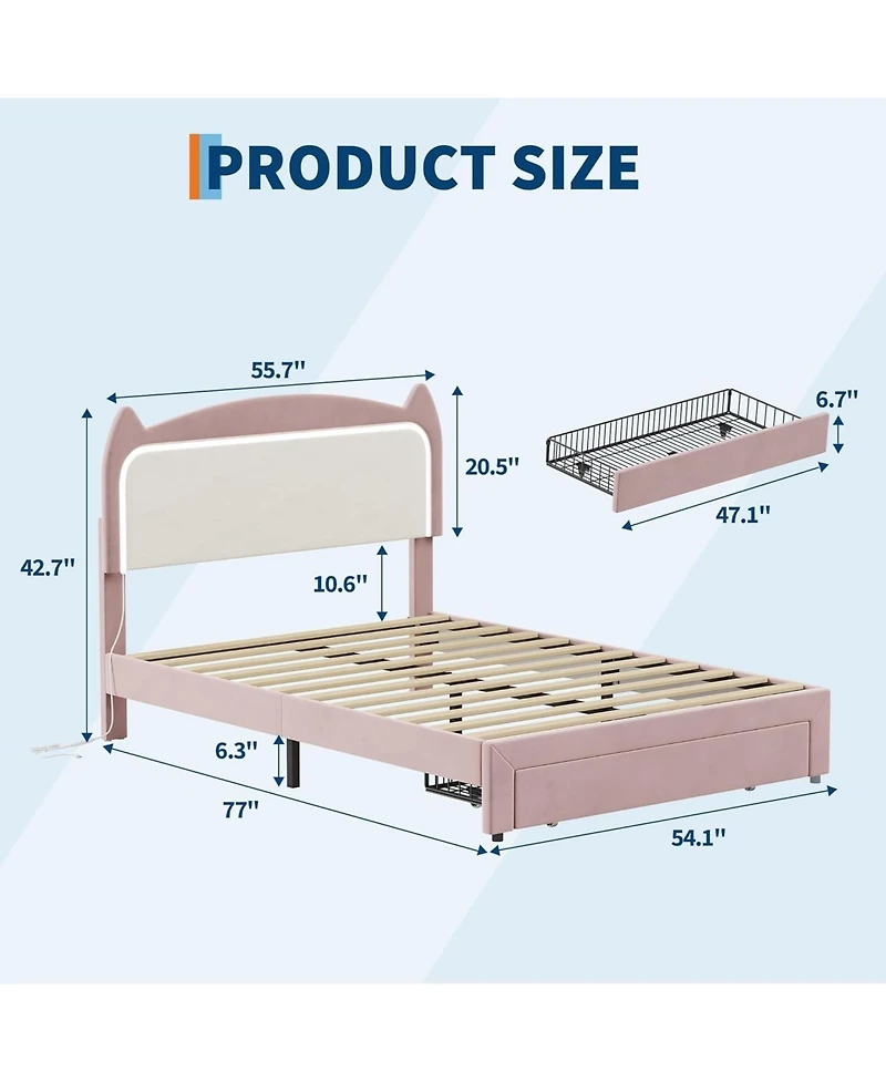 gaomon Full Upholstered Led Bed Frame with Storage Drawer & Cute Cat Headboard, Velvet Princess Platform Bed Frame