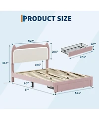 gaomon Full Upholstered Led Bed Frame with Storage Drawer & Cute Cat Headboard, Velvet Princess Platform Bed Frame