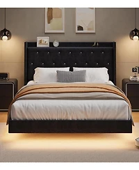 gaomon Queen Floating Bed Frame Led Lights Velvet Upholstered Platform Storage Headboard No Box Spring Noise-Free