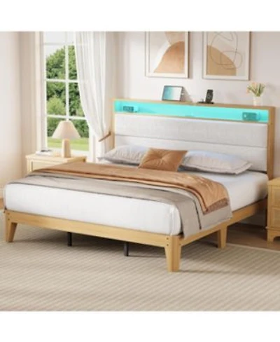 Gaomon Size Bed Frame Boucle Platform Bed Frame With Led Lights Upholstered Headboard With Built In Charging Station No Box Spring Needed