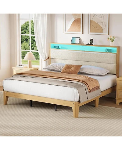gaomon Bed Frame, Boucle Platform Frame with Led Lights, Upholstered Headboard Built-in Charging Station