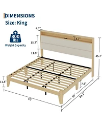 gaomon Bed Frame, Boucle Platform Frame with Led Lights, Upholstered Headboard Built-in Charging Station