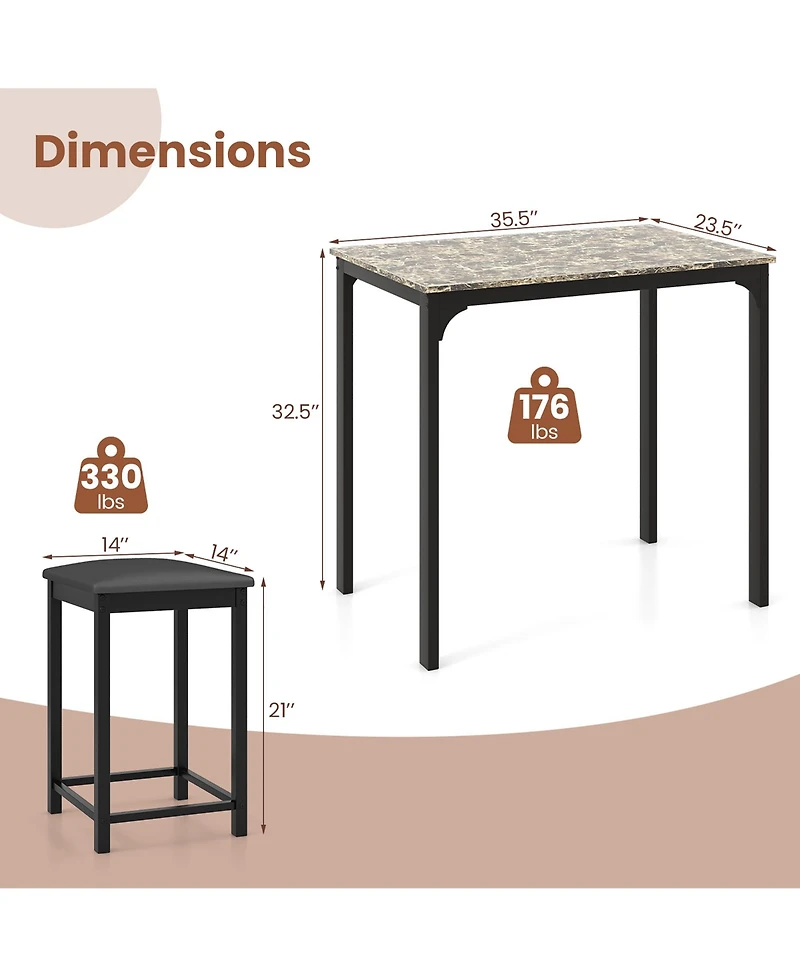 Gymax 3 Pcs Counter Height Dining Set Faux Marble Table & 2 Chairs Kitchen Bar