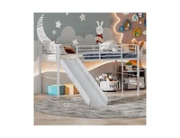 Twin Metal Loft Bed with Slide Safety Guardrails and Built-in Ladder