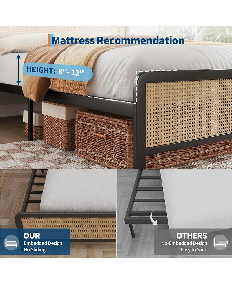 gaomon Rattan Platform Bed Frame with Led Light Headboard, Modern Style Cane Boho Frames Sturdy Steel Slat Support, Heavy