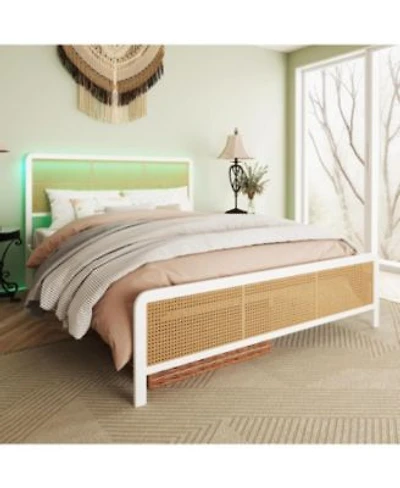 Gaomon Size Rattan Platform Bed Frame With Led Light Headboard Modern Style Cane Boho Bed Frames With Sturdy Steel Slat Support Heavy