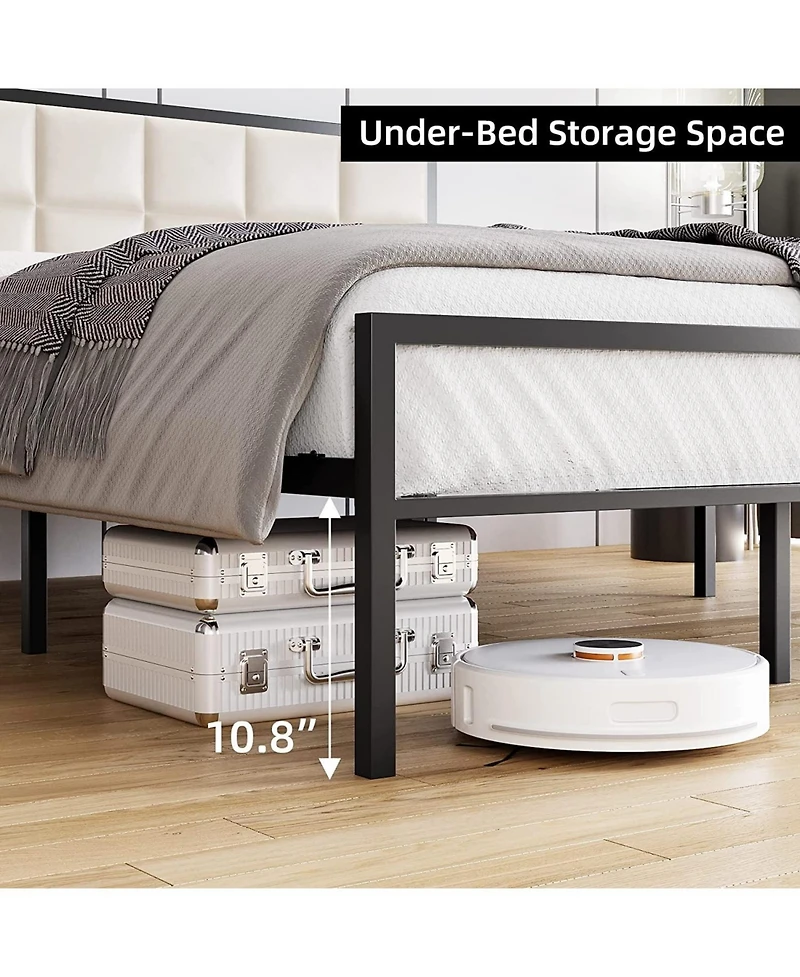 gaomon King Faux Leather Platform Bed Frame Upholstered Headboard Metal Frame Steel Slats Support Box Spring Optional Easy Assembly