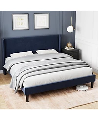 gaomon Queen Upholstered Platform Bed Wingback Headboard Velvet 2 Storage Pockets Wooden Slat Support Box Spring Optional