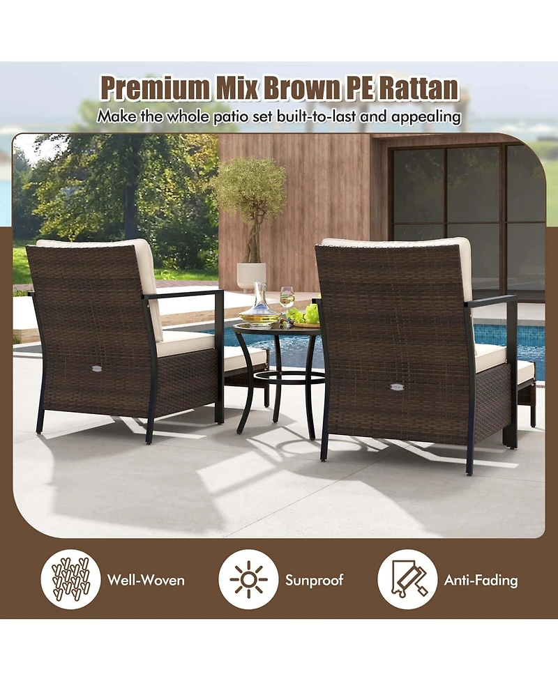5 Pcs Outdoor Furniture Set Rattan Chairs & Ottomans with Glass Topped Coffee Table