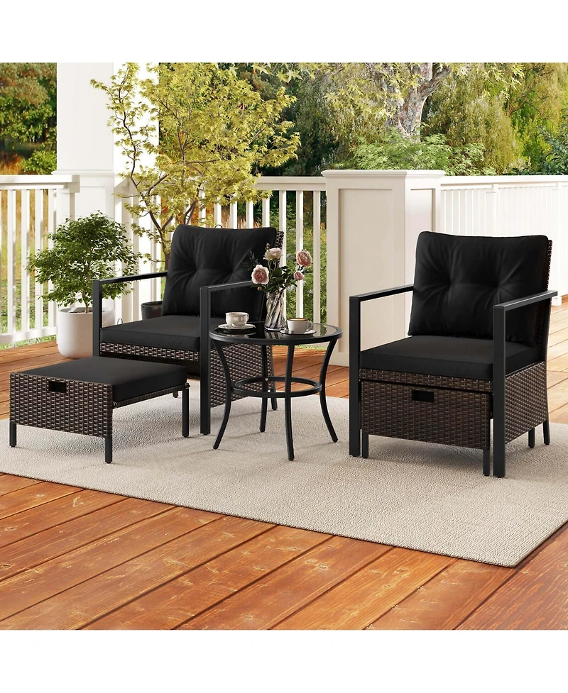 5 Pcs Outdoor Furniture Set Rattan Chairs & Ottomans with Glass Topped Coffee Table